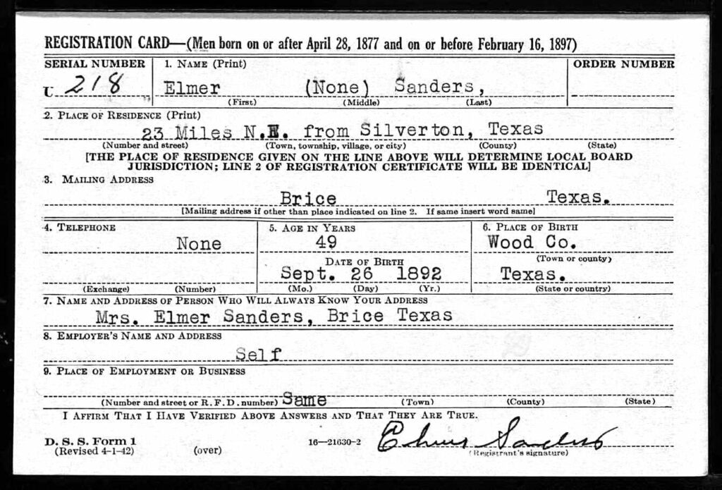 Elmer Sanders draft registration card describing residence as 23 miles northeast of Silverton